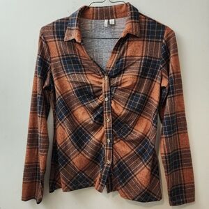 Cato Ladies M Plaid Rust/Black Blouse Cozy Grandpa Rusched Outdoors Snuggled Up